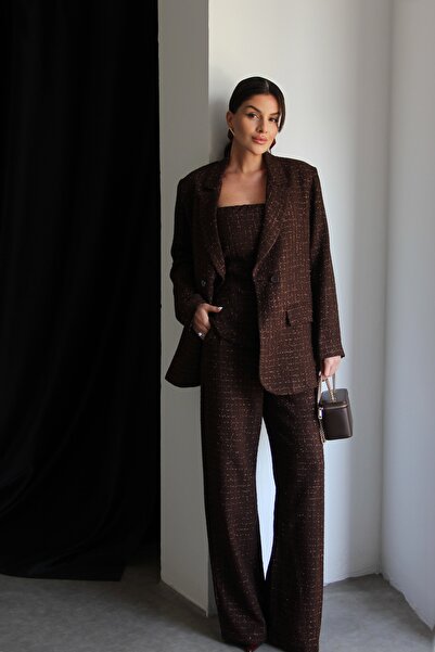 Julidress Кафеен топ, сако и панталони палацо 3-частен комплект от туид с пайети