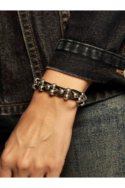 Kutcha Accessories Handmade Suede String Silver Beaded Bracelet – Black & Whi...