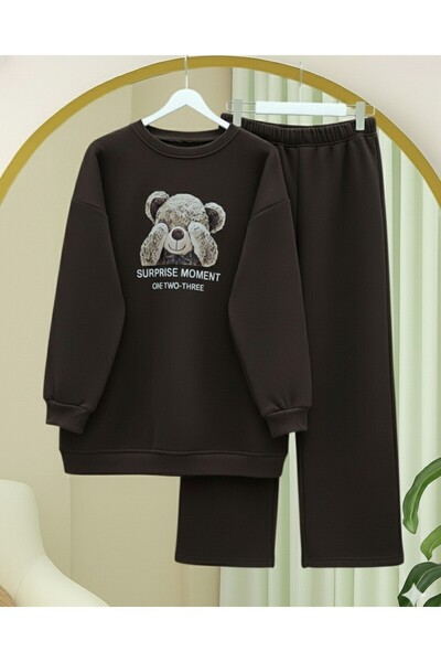 Modamorfo Σετ ιδρώτριας φόρμας με με τύπωμα νήματα Teddy Bear επένδυση fleece - Καφέ