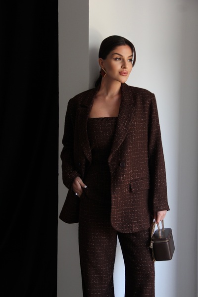 Julidress Кафеен топ, сако и панталони палацо 3-частен комплект от туид с пайети