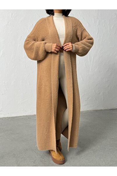 BEJNA Γυναικεία μακριά πλεκτή ζακέτα με απαλή υφή Camel