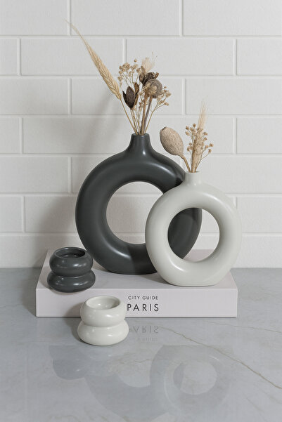 Zigzag Home Set decorativ de 4 bucăți în stil boem, vază cu inele și suport pentru lumânări, set de bibelouri de culoare bej antracit