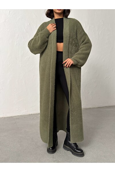 BEJNA Women's Khaki Soft Textured Long Knitwear Cardigan