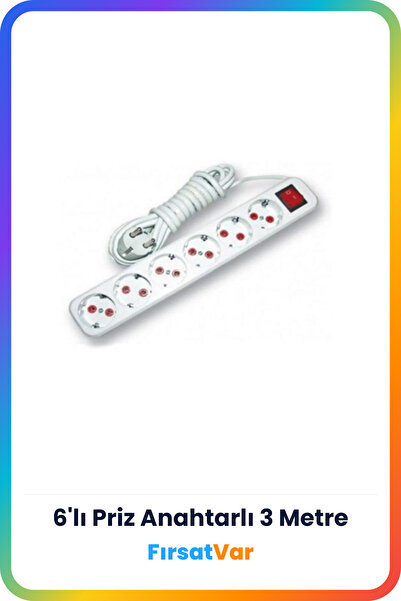 FırsatVar Elektirik Uzatma Kablosu 6 Girişli Topraklı Üçlü Priz Çoğaltıcı 3 M...