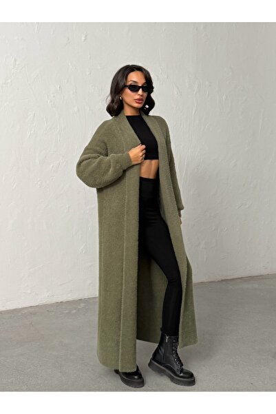 BEJNA Women's Khaki Soft Textured Long Knitwear Cardigan