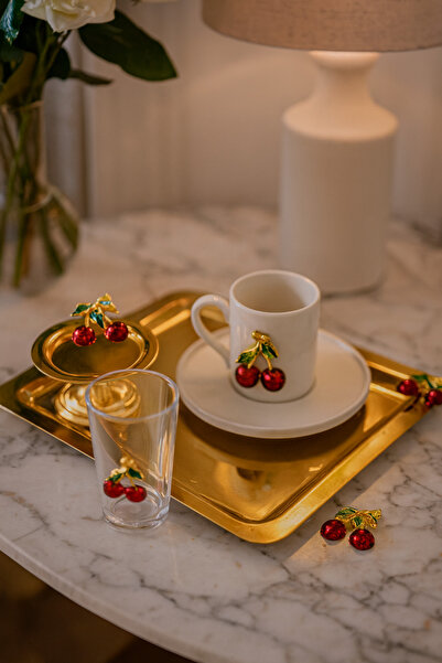 miras home Kiraz Aksesuarlı Kare Tek Kişilik Kahve Sunum Seti