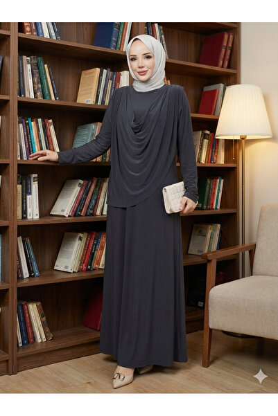 modamira Kadın Sandy Füme Önü Degaje Detaylı Uzun Kollu Tesettür Elbise