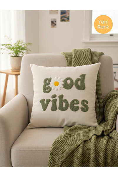 RahanDesign Good Vibes Yazıılı Yeşil Punch Işlemeli Kırlent Kılıfı - 43*43cm ...