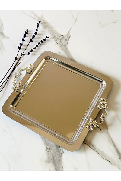 Melinda Gümüş Çelik Kare Çıkarılabilir Kulp Detaylı Çay,kahve, İkram Servis Sunum Tepsisi 21x21