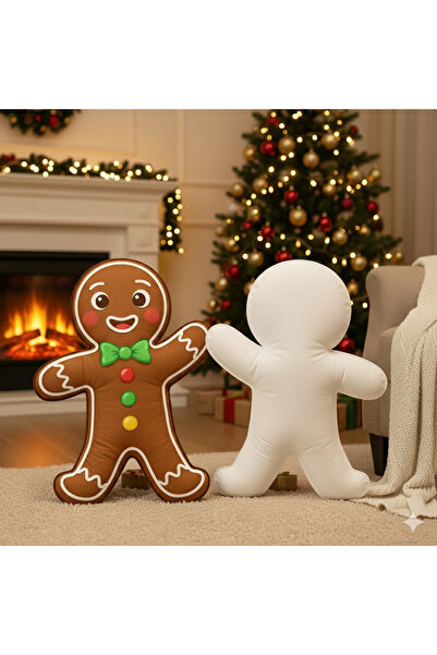 Piloji Kurabiye Adam Şekilli Yastık 50 cm Pofuduk Dekoratif Yılbaşı Yastığı N...