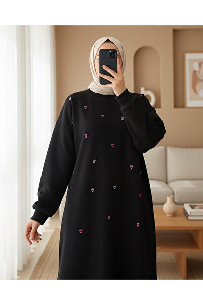 Modamorfo Round Neck Heart Patterned Combed Cotton Tunic -Black