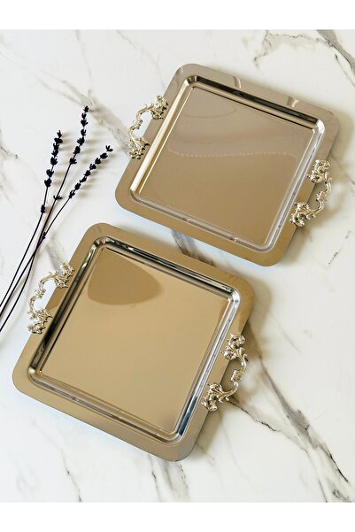 Melinda 2 ADET Gümüş Kare Çıkarılabilir Kulp Detaylı Çay,Kahve,İkram Servis Sunum Tepsisi (21x21)