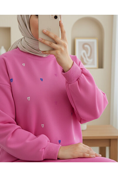 Modamorfo Round Neck Heart Patterned Combed Cotton Tunic -Pink