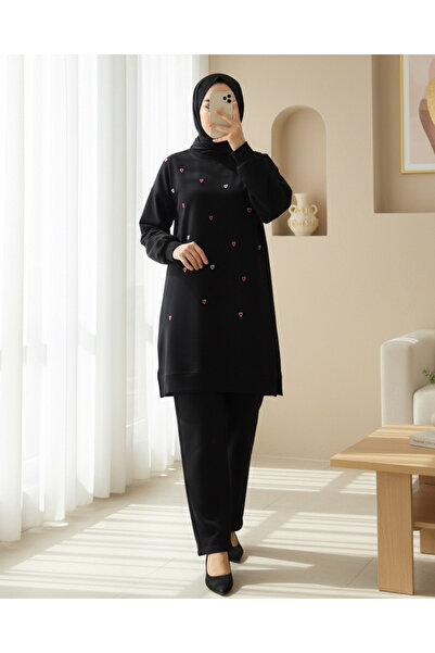 Modamorfo Round Neck Heart Patterned Combed Cotton Tunic -Black