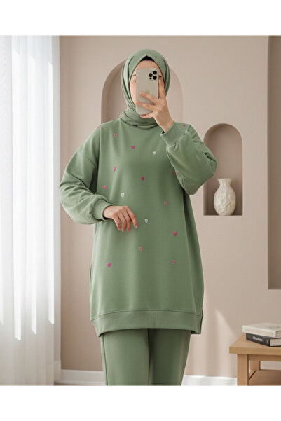 Modamorfo Round Neck Heart Patterned Combed Cotton Tunic -Çağla Y.