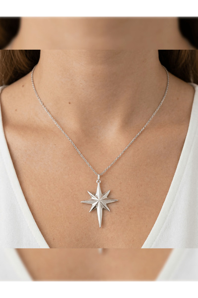 PURE BERRY BÜYÜK KUTUP YILDIZI GÜMÜŞ RENK ÇELİK KOLYE %100 KARARMAZ