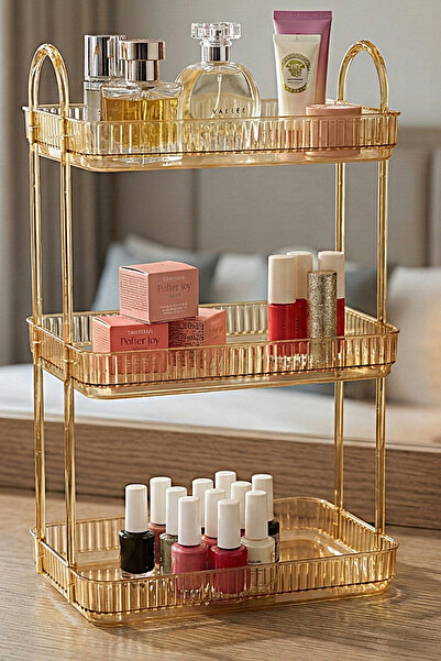 UNIQUE ME منظم مكياج مكون من 3 طبقات، منظم إكسسوارات التجميل، رف حمام بلون العنبر