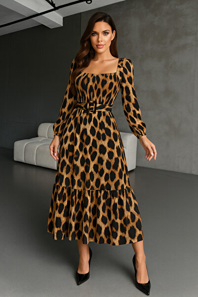 rengastyle Rochie de damă din țesătură înfășurată cu curea cu model leopard