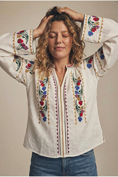 FEMELLE Women's Cross Stitch Embroidered Cotton Blouse