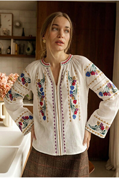 FEMELLE Women's Cross Stitch Embroidered Cotton Blouse