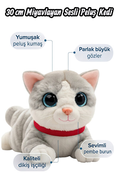 Fidan oyuncak Sevimli Peluş Yavru Kedi, Oturan, Sesli, Miyavlayan, Oyun ve Uyku Arkadaşı; 20 cm, 4 renk.