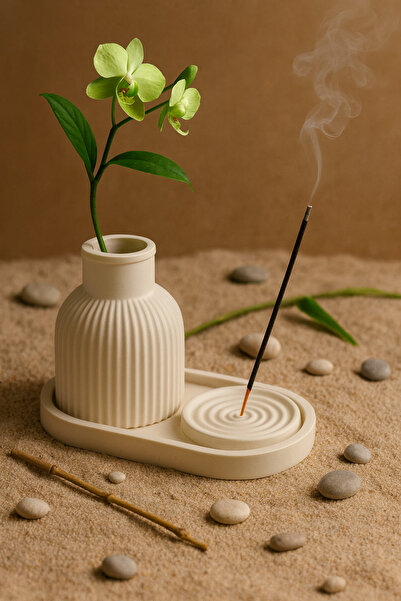 AKANART Studio 3 lü dekoratif set,çizgili vazo,tütsülük beton obje