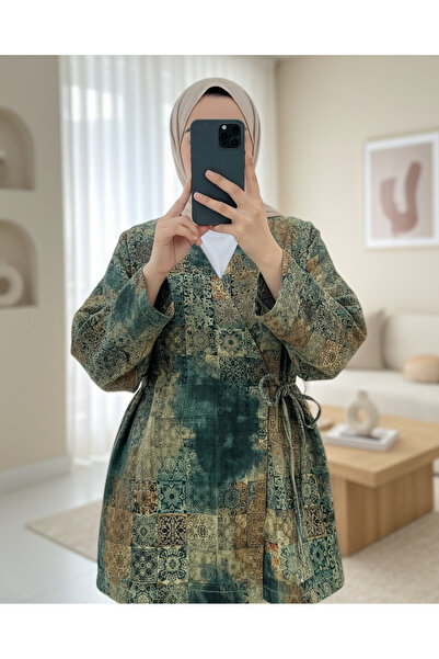 Modamorfo Patterned Lined Quilted Kimono with Tie-Waist Pockets - Khaki