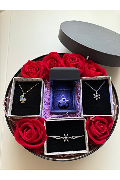 HKN AVM ACCESSORİES ışıklı kutuda gümüş renk mor kalp yüzük lotus kolye sevgiliye doğum günü hediyesi 14 şubat sevgililer günü hediyesi advent calendar