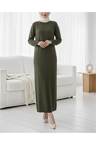 Modamorfo Knitwear Dress with Elastic Sleeves and Pompom Detail - Khaki