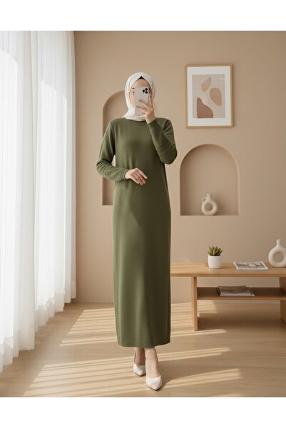 Modamorfo Knitwear Dress with Elastic Sleeves and Pompom Detail - Khaki
