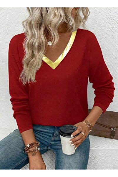 JANES Bluză de damă cu mânecă lungă și guler în V cu detalii din viscoză