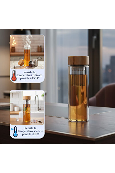 Salestore.ro Borosilicate Glass Thermos, 450ml, Double Wall, with Infuser, Bamboo Lid, Elegant Design.