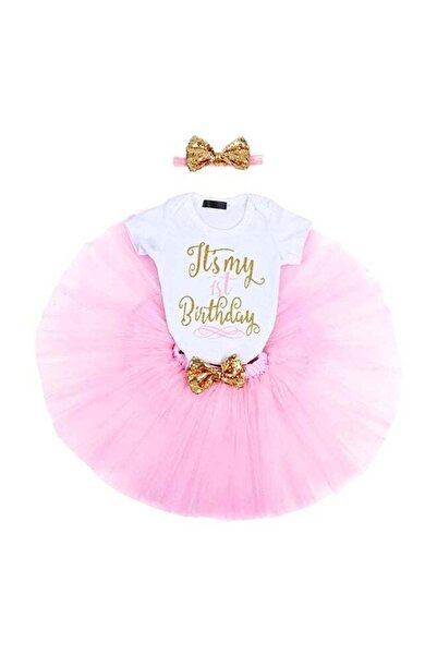 WE HAPPY 1st Birthday Baby Girl Princess Party Costume Dress Baby Pink
