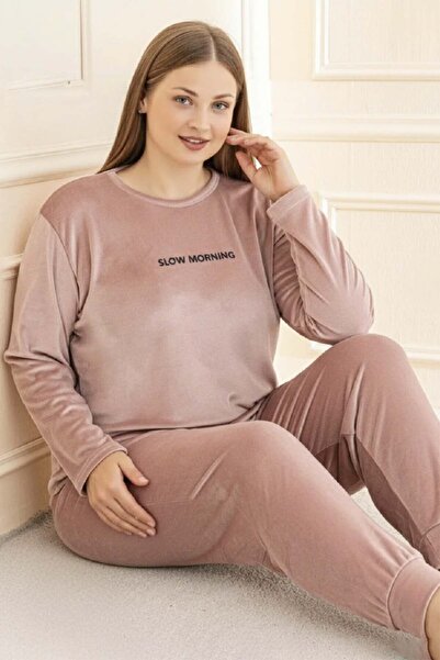 REMSA Plus Size Women's Velvet Fabric Pajama Set 13212 Powder
