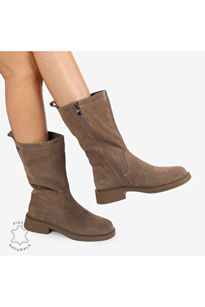 ANGEL BLUE Women's Boots Made of Genuine Suede Leather with Zipper Closure and 4cm Sole CRL1252 Khaki