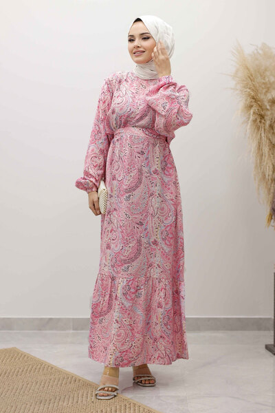 Tesettür Dünyası Φόρεμα με μοτίβο σάλι με ζώνη TSD250257 Ροζ