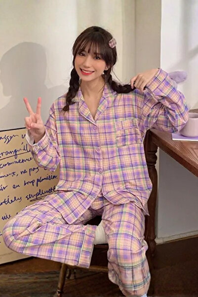 Muchmy Plaid Pattern Women's Pajama Set Lounge Wear Girl's Pajama Set Cotton ...