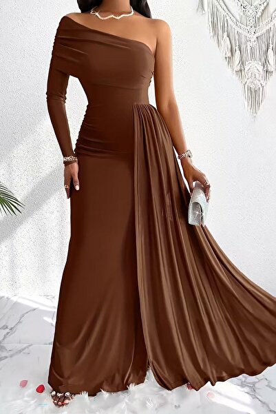 Deafox Brown One Shoulder Long Sleeve Sweep Train Maxi Length Crepe Fabric Evening Dress