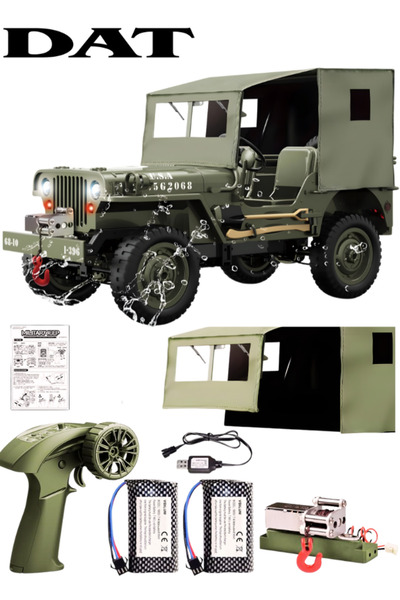 DAT سيارة جيب عسكرية رباعية الدفع تعمل بالتحكم عن بُعد مزودة برافعة ومظلة وأضواء - شاحنة قابلة لإعادة الشحن بتردد 2.4 جيجاهرتز للطرق الوعرة بطول 34.5 سم
