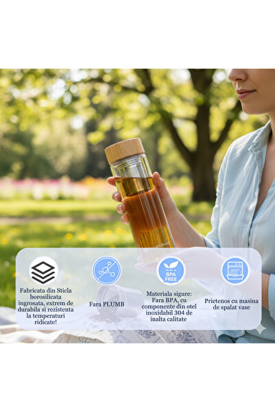 Salestore.ro Borosilicate Glass Thermos, 450ml, Double Wall, with Infuser, Bamboo Lid, Elegant Design.