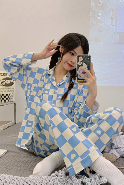Muchmy Women's Pajama Set Checkered Pattern With Heart Accents Girls Pajama