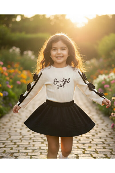 My Lusa baby wear Suna Girl's Bow Detailed Long Sleeve Ribbed Blouse and Pleated Skirt Set 2-5 Years Old