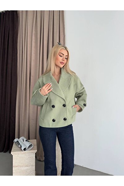 ParlaMira Women's Green Cotton Textured Premium Cashmere Crop Coat