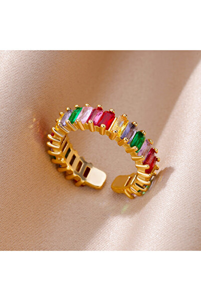 Choice 7 JZ4470G-10 خاتم مفتوح ملون من الزركون المكعب للنساء من الفولاذ المقاوم للصدأ باللون الذهبي خواتم مربعة بوهيم