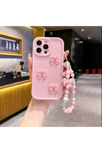 BABUN Kurdeleli Süslü Charmlı Pembe İphone Telefon Kılıfı Koruyucusu 14-15-16...