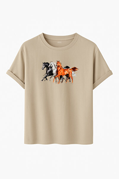 noetr Running Horses Printed Animal Themed Oversized Regular Fit Unisex T-Shirt