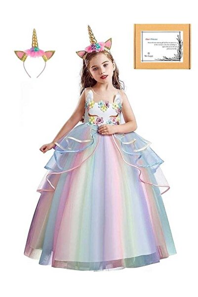 WE HAPPY Girls Floral Unicorn Costume Princess Rainbow Party Long Maxi Gown