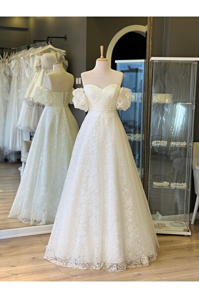 Lenta Wedding Beyaz Simli Çicekli Kalp Yaka Maxi Boy Nişan Ve Gece Elbisesi