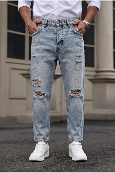 MADZEYMODA Boyfriend Fit Men's Blue Denim Ripped Detail Jean Denim Pants Bf-454