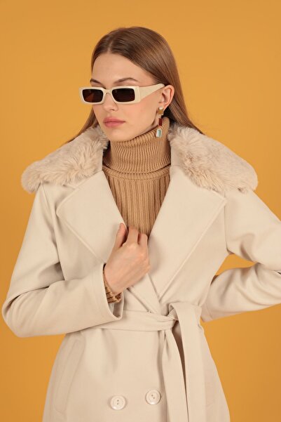 evolise Fur Detail Women's Ecru Cashmere Coat